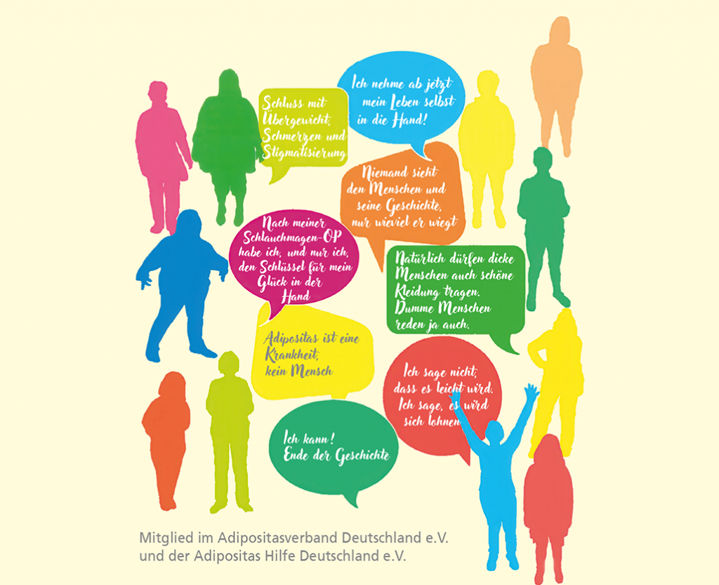 Adipositas Selbsthilfegruppe aus Stuttgart, Teilnehmende Stimme aus dem Mitgliederverband dargestellt durch bunte Menschen mit Sprechblasen auf einem hellgelben Hintergrund